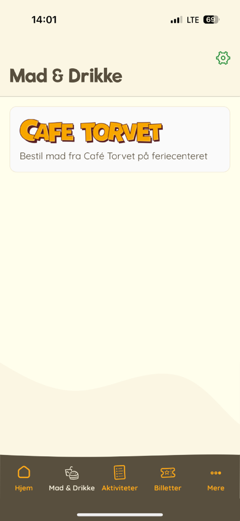 Jesperhus - for voksne - Mobile app screen showing the Mad and Drikke food and drink section with an option to order from Cafe Torvet