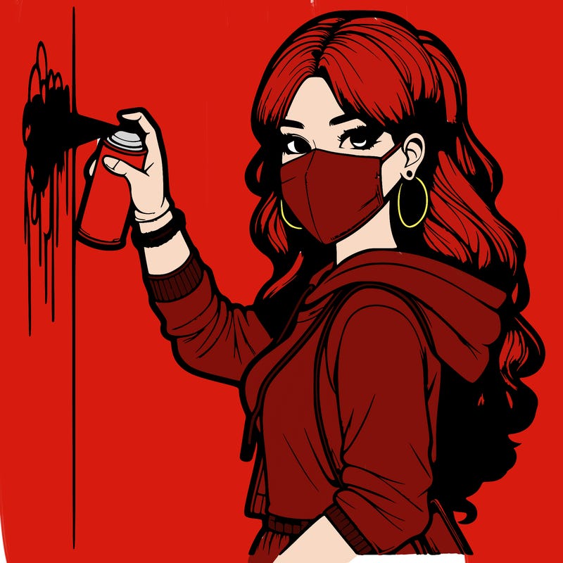 realistic girl with mask spray painting a wall