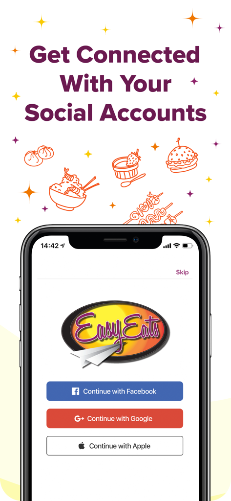 Easy Eats Delivery Service - Easy Eats Delivery app onboarding screen showing social login options for Facebook Google and Apple