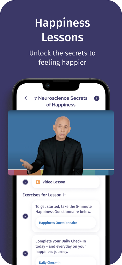 Brain Fit Life: Mental Health - Brain Fit Life app screen showing a happiness lesson video featuring Dr Daniel Amen and a list of daily brain exercises