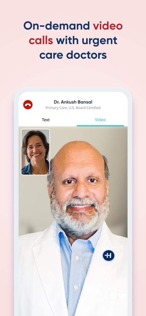 A mobile app interface showing a live video consultation with a board-certified primary care doctor on HealthTap.