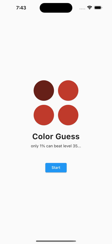Color Guess - Vision Test - Color Guessアプリのスタート画面。4つの赤い円が表示され、1つだけ色がわずかに異なり、スタートボタンがある。