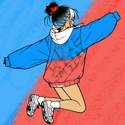 realistic girl jumping with a bun and oversized sweatshirt