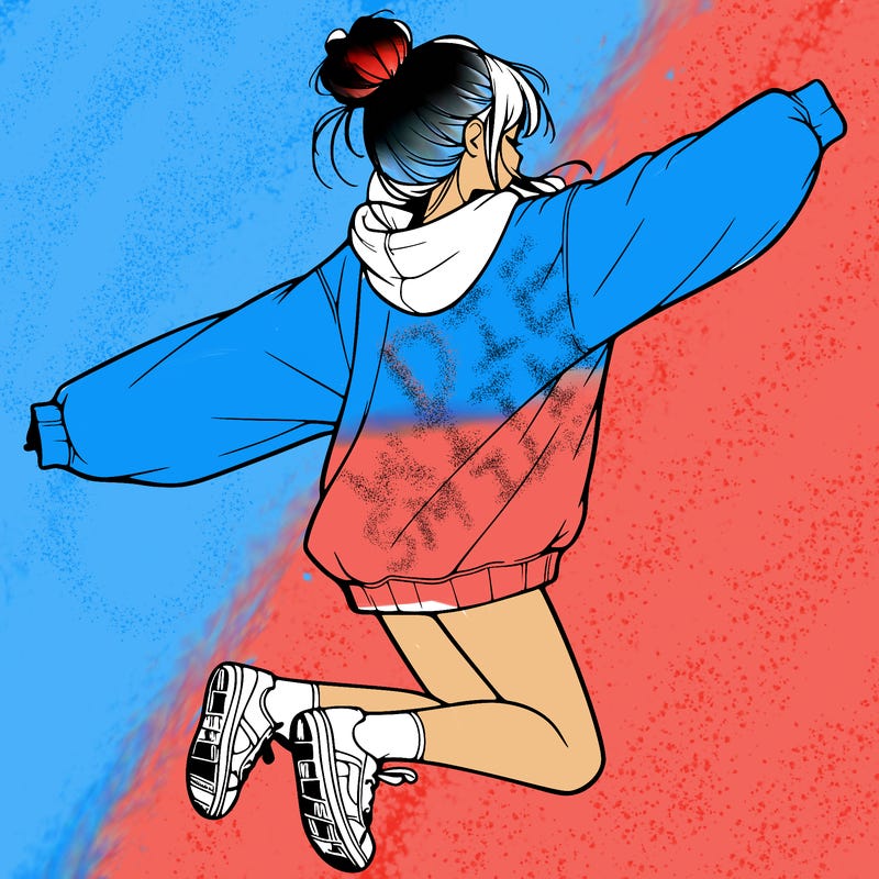 realistic girl jumping with a bun and oversized sweatshirt