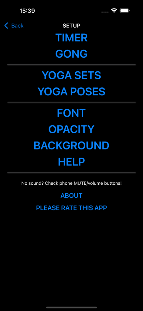 Yoga Timer - The setup menu of the Yoga Timer app featuring options for timer settings, authentic Tibetan gongs, yoga sets, and appearance customization.