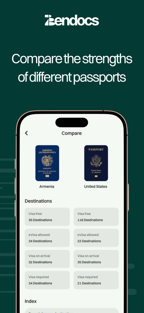 Zendocs - Interfaz de la aplicación Zendocs comparando requisitos de visado y acceso a destinos para pasaportes de Armenia y Estados Unidos.
