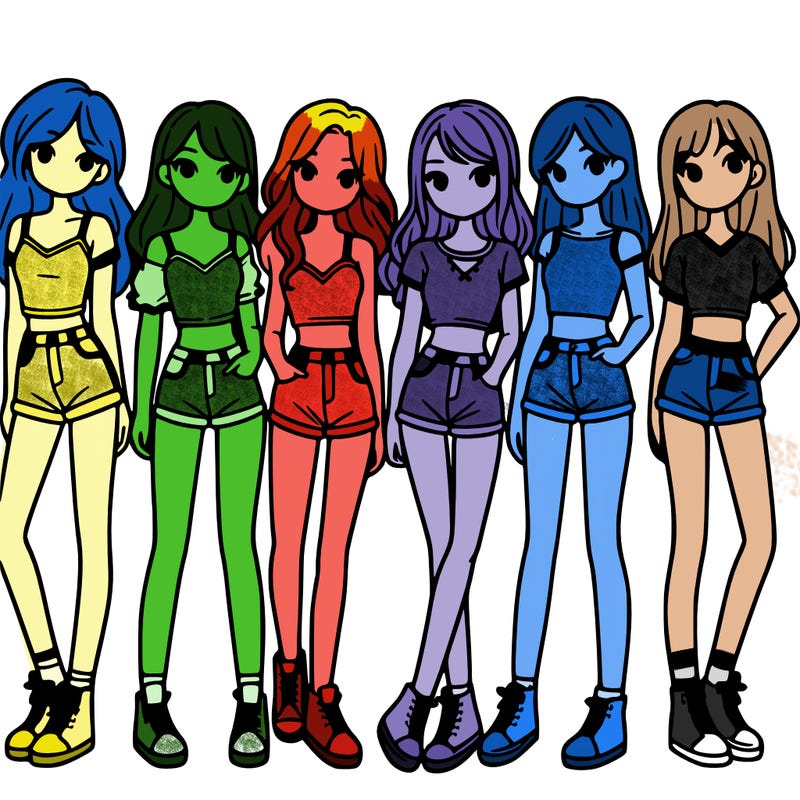 a group of girls wearing crop tops and shorts