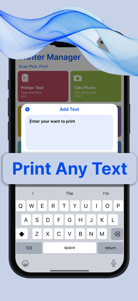 Smart Printer : Scanner App - Pantalla de iPhone mostrando la interfaz de la app Smart Printer para introducir e imprimir texto personalizado