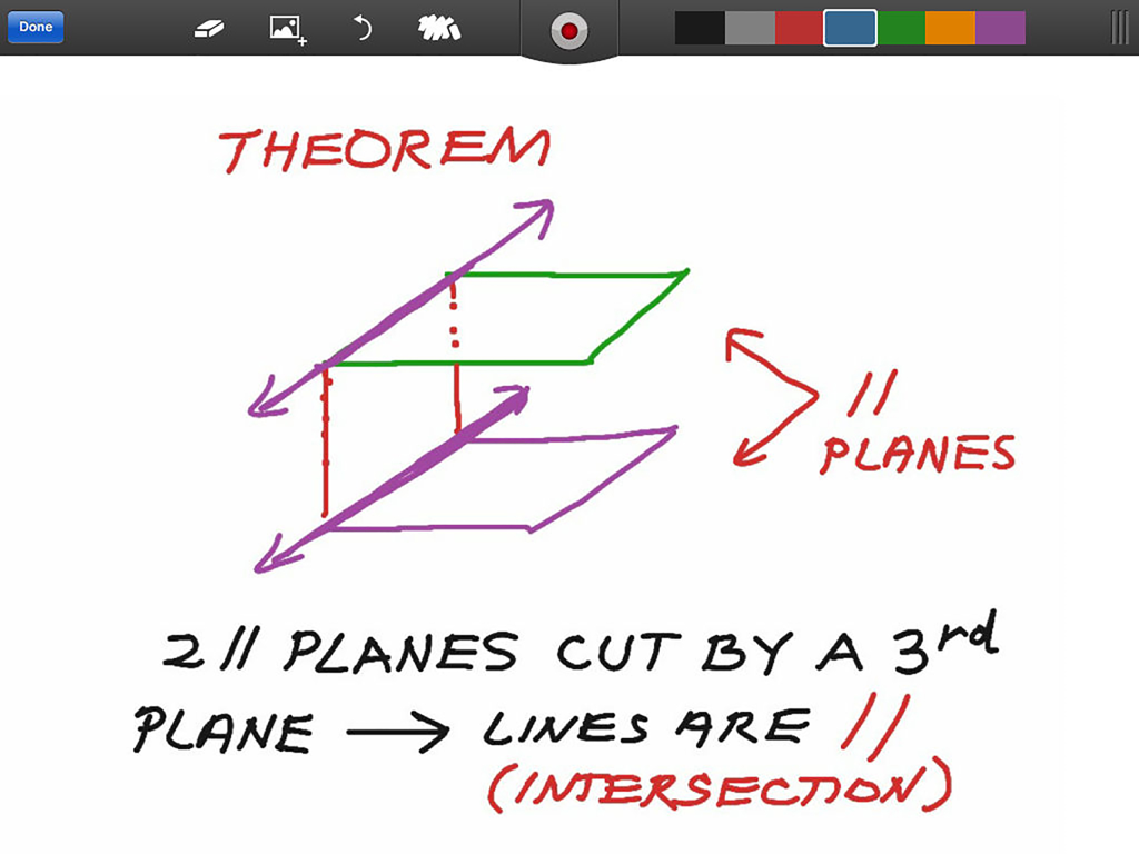 Una lección de geometría sobre planos paralelos ilustrada en la aplicación de pizarra interactiva ShowMe para iPad