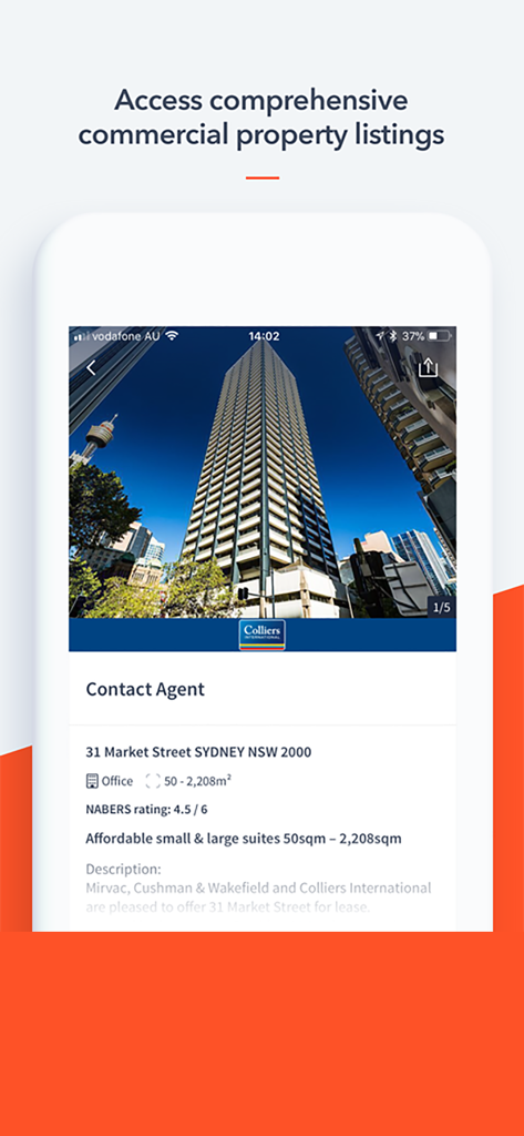 A mobile app displaying a commercial office property listing in Sydney