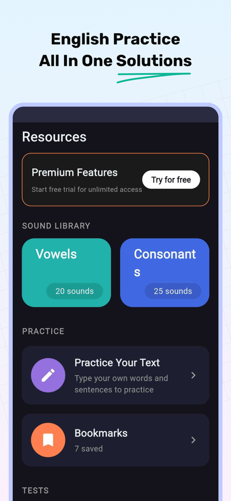 IELTS Speaking Assistant App - IELTS Speaking Assistant app interface showing English sound library and practice tools