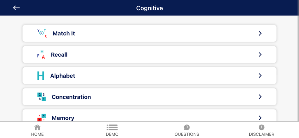 Brain Tool Kit - Brain Tool Kit app cognitive training menu showing options for Match It Recall Alphabet Concentration and Memory exercises
