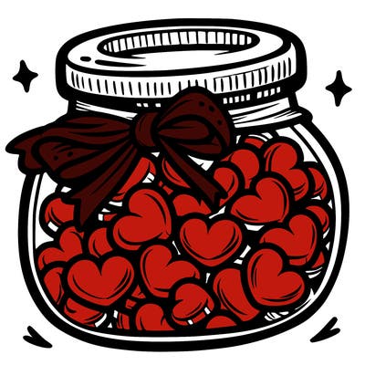 a jar filled with heart-shaped candies and a ribbon around the neck.
