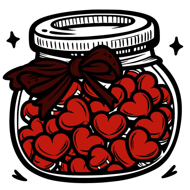 a jar filled with heart-shaped candies and a ribbon around the neck.