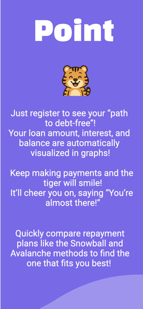 Kansai – Debt Manager - A purple screen showing Kansai Debt Manager features with a cute tiger mascot.