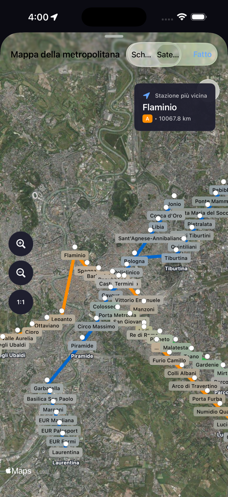 Mapa satelital de Roma con líneas de metro interactivas y estaciones de metro