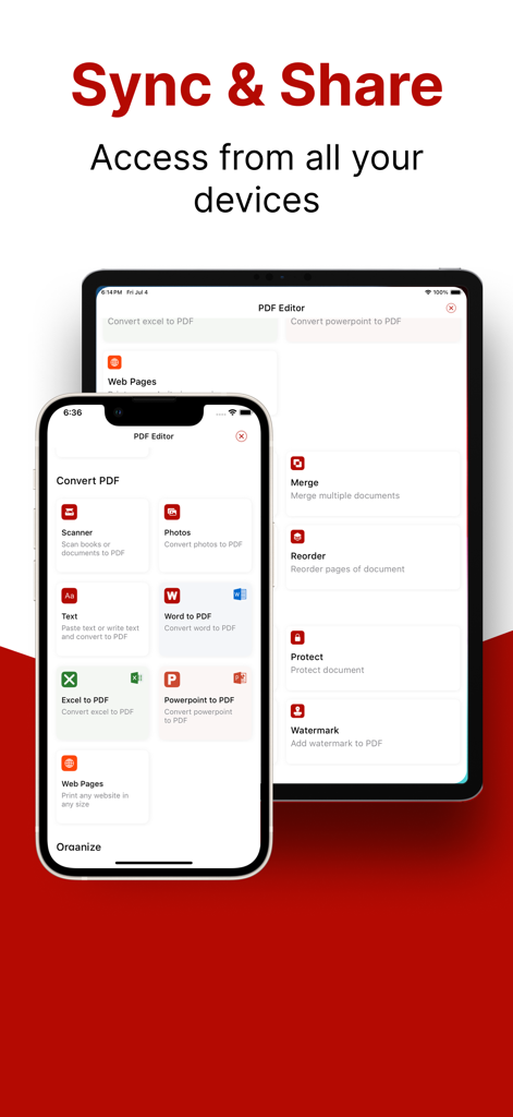 PDF Editor: Fill, Edit, Sign - PDF Editor app interface on iPhone and iPad showing sync and share features