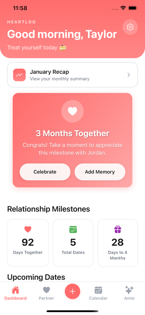 Heartlog - Dating Journal - Heartlog app dashboard showing relationship milestones for three months together including total days and dates