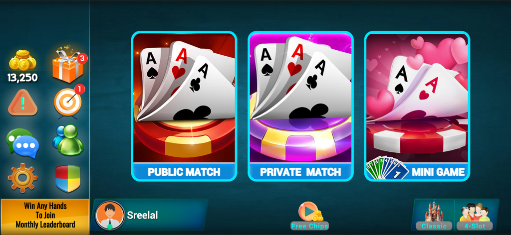 Bhabhi Thulla Online Card Game - Main menu of Bhabhi Thulla Online Card Game showing Public Match Private Match and Mini Game options