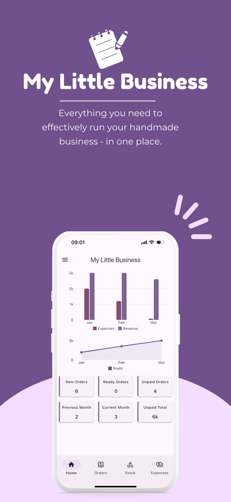 My Little Business App - My Little Business app interface showing a dashboard with revenue and profit charts for handmade business owners
