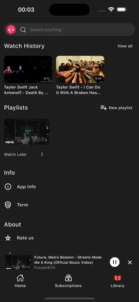 Play Tube: Video & Music - Play Tube app library screen displaying watch history, playlists, and a music video mini-player.