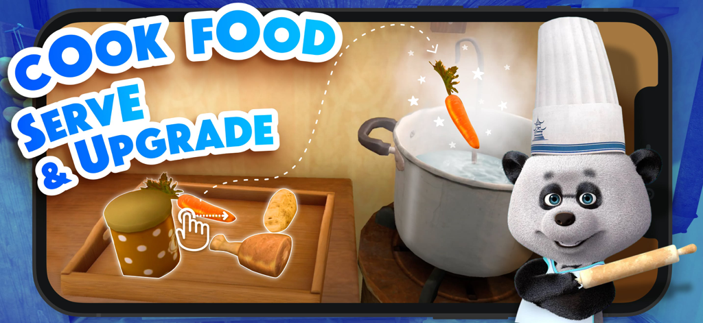 Masha and the Bear: Cook food - Un personaje panda con un gorro de chef preparando sopa añadiendo una zanahoria a una olla hirviendo en el juego de cocina de Masha y el Oso.