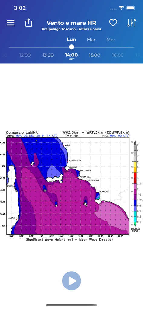 Mapa de pronóstico de altura de olas y dirección del viento de alta resolución para el Archipiélago Toscano en la app LaMMA Meteo