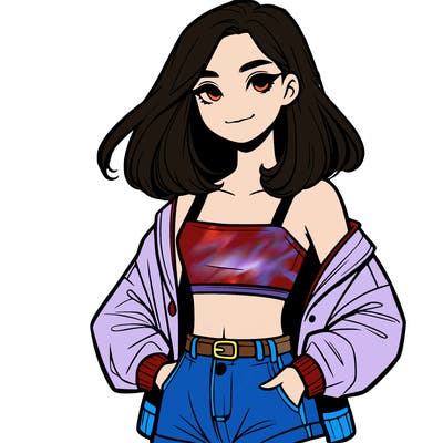 a realistic girl with a crop top and short shorts in an open jacket