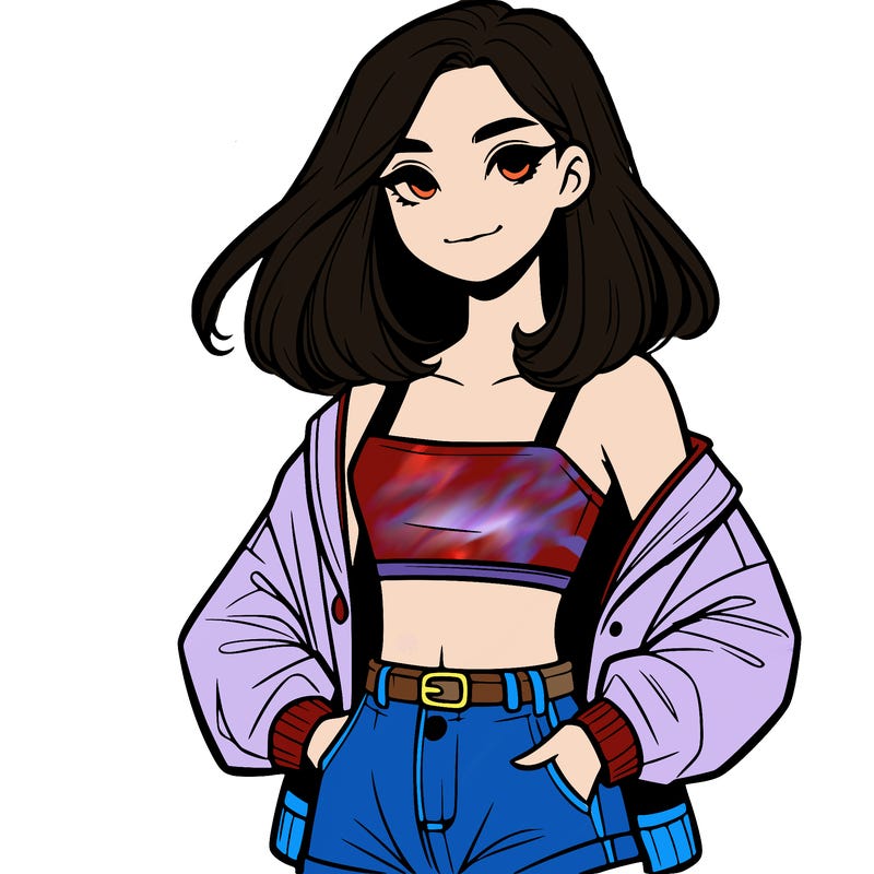 a realistic girl with a crop top and short shorts in an open jacket