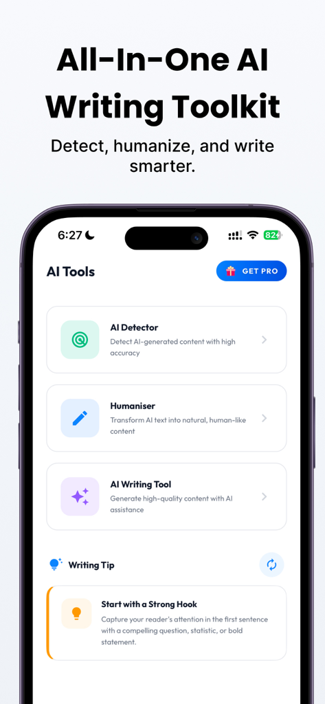 LegitWriter - LegitWriter mobile app dashboard featuring AI Detector and Humaniser tools.