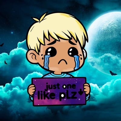 realistic crying boy with a sign saying just one like plz