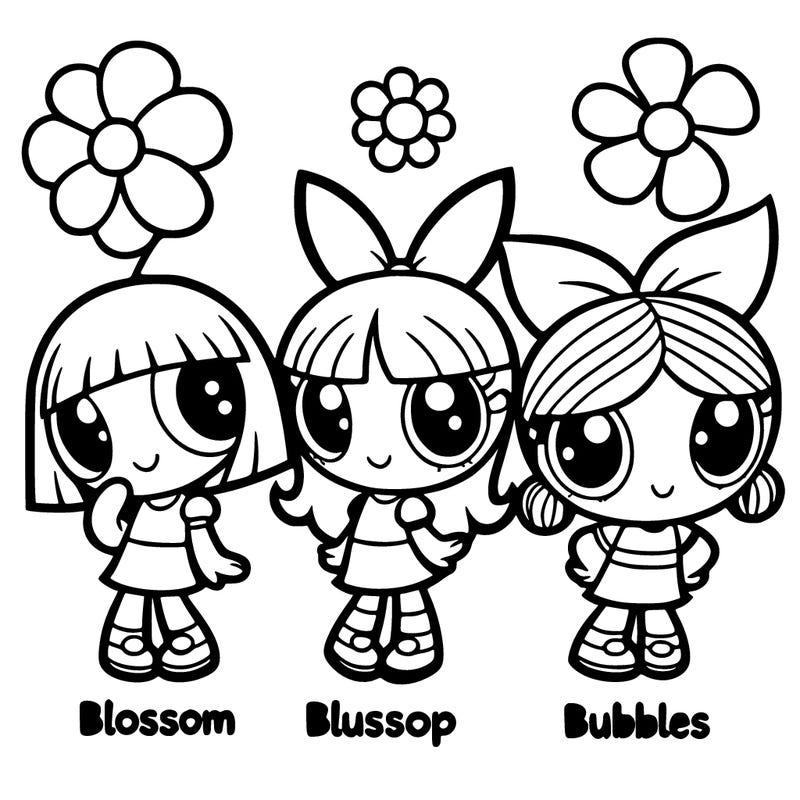 three small girls the named blossom the one on the left bubbles the one on the right buttercup hair is in a bob cut blossom hair is a long ponytail bubbles to pigtails