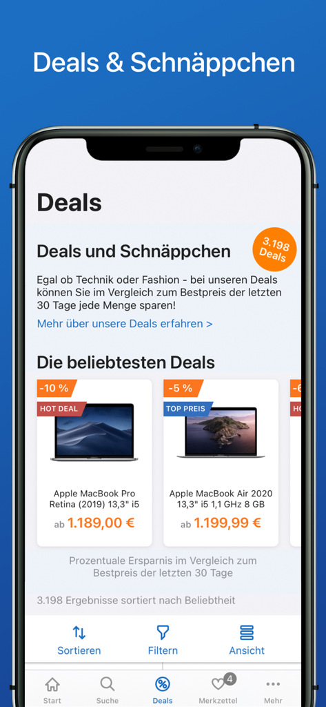 Deals and bargain section of the billiger.de price comparison app showing laptop discounts