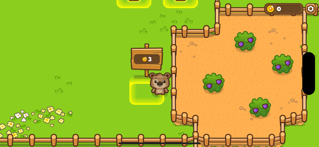 A cute bear character standing in a grassy field next to a fenced berry garden in Bear Mart.