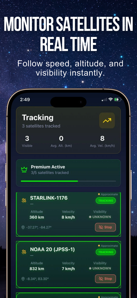 Satellite Tracker - Sky Map - Real time satellite tracking dashboard showing altitude and velocity for Starlink and NOAA satellites