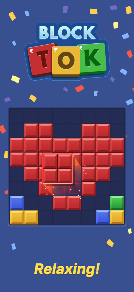 Block-Tok: Puzzle Game - Block-Tok Puzzle-Spiel-Oberfläche, die zeigt, wie Blöcke eine Herzform mit dem Text "Relaxing" bilden