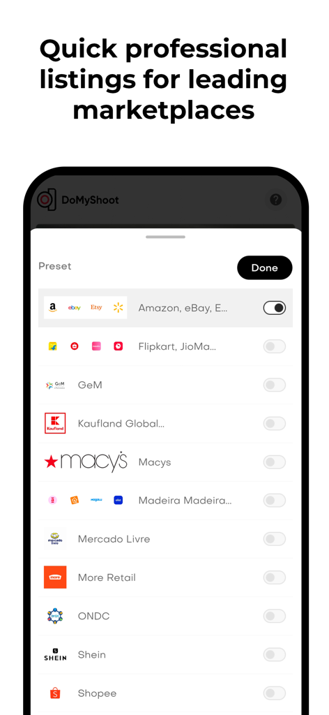 DoMyShoot Product Photo Studio - A mobile screen showing marketplace presets for Amazon Etsy and eBay in the DoMyShoot app