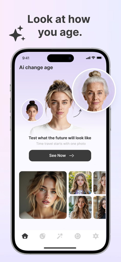 FaceEra – Age & Photo AI - Screenshot of FaceEra app showing realistic AI aging transformation filter