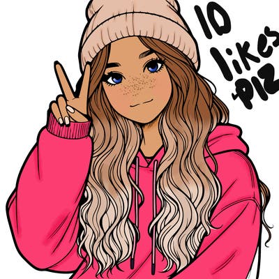 a teenage girl in a beanie, oversized sweatshirt, wavy long hair, and is showing a ✌️