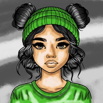 realistic girl with buns in her hair with a beanie on