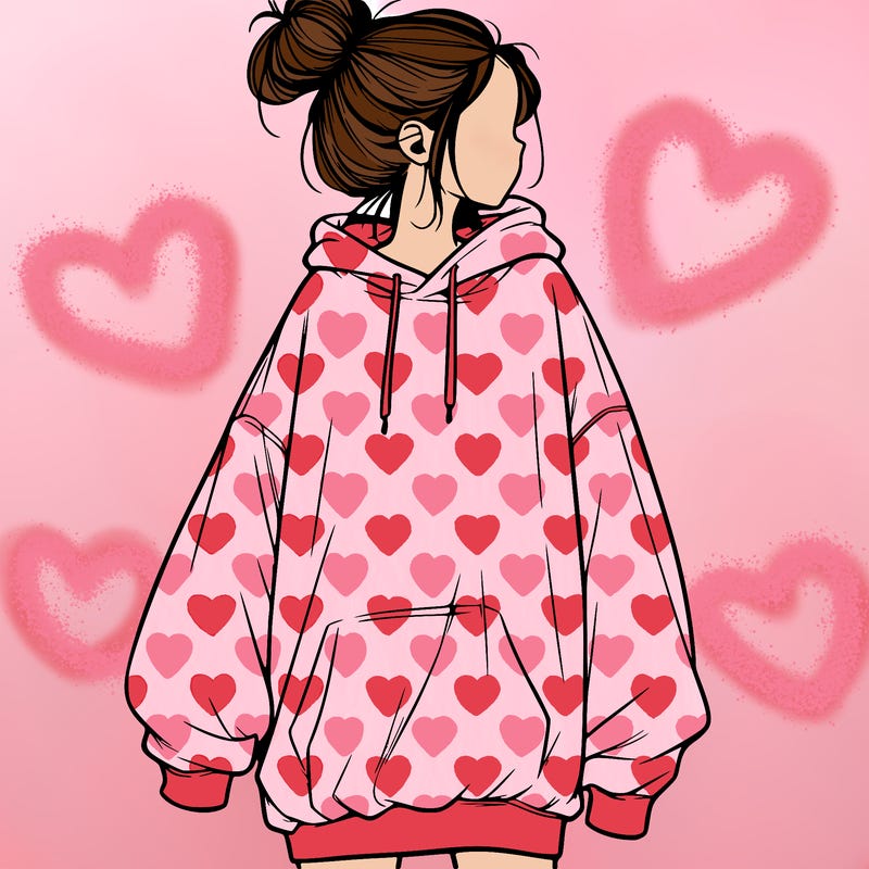 realistic girl with a oversized sweatshirt on and a bun