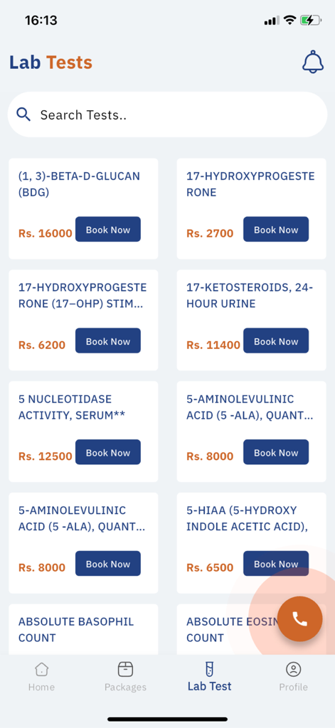 National Path Lab - A list of available medical tests with pricing and booking options in the National Path Lab app.