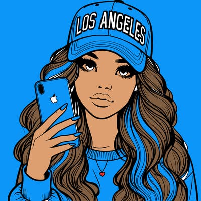 realistic beautiful girl wearing los ángeles cap holding an iphone