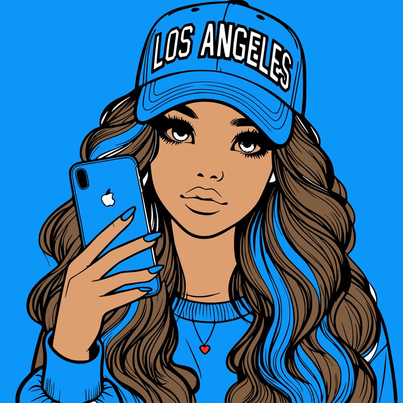 realistic beautiful girl wearing los ángeles cap holding an iphone