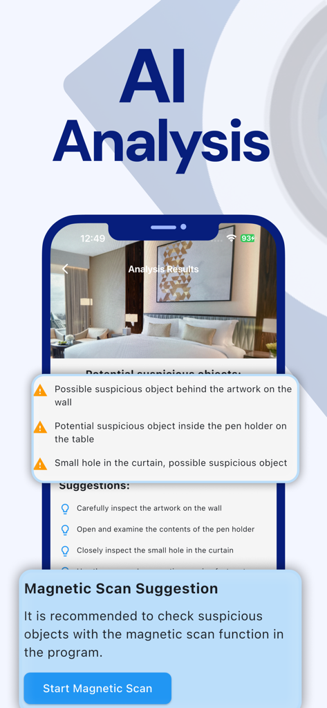Camera Detector App - SpyFy - SpyFy-App KI-Analysebildschirm, der potenzielle verdächtige Objekte in einem Hotelzimmer und Scan-Vorschläge anzeigt.
