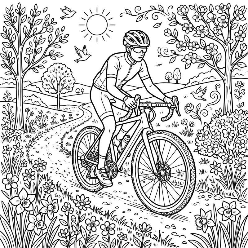 Immerse yourself in the beauty of spring with this exciting gravel bike coloring page. Explore blooming landscapes and scenic paths, perfect for an invigorating cycling adventure.