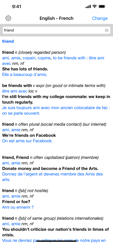 Englisch-Französisch-Wörterbuch-Bildschirm mit mehreren Definitionen und Beispielsätzen für das Wort friend