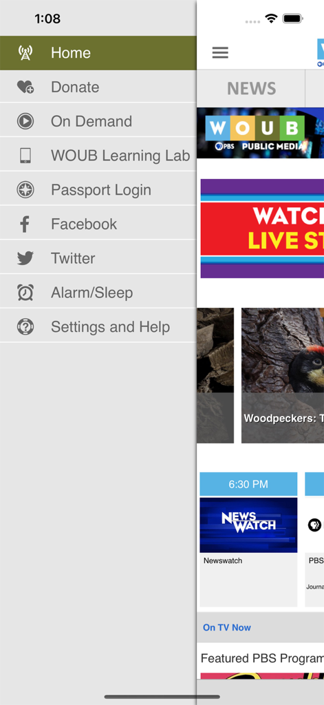WOUB Public Media App - WOUB Public Media app navigation menu and news feed on a mobile screen