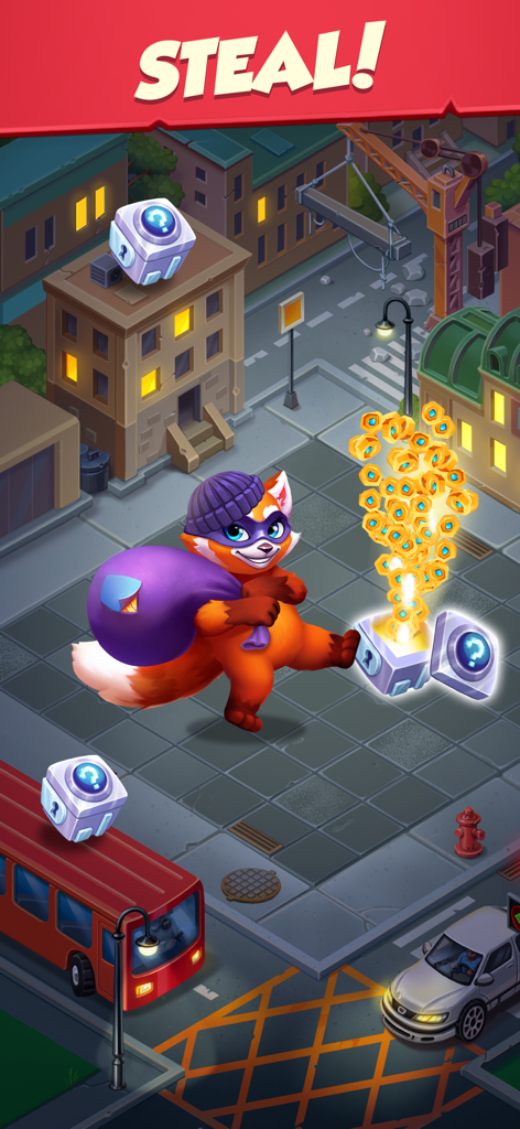 Personagem panda vermelho em traje de ladrão roubando moedas de um baú