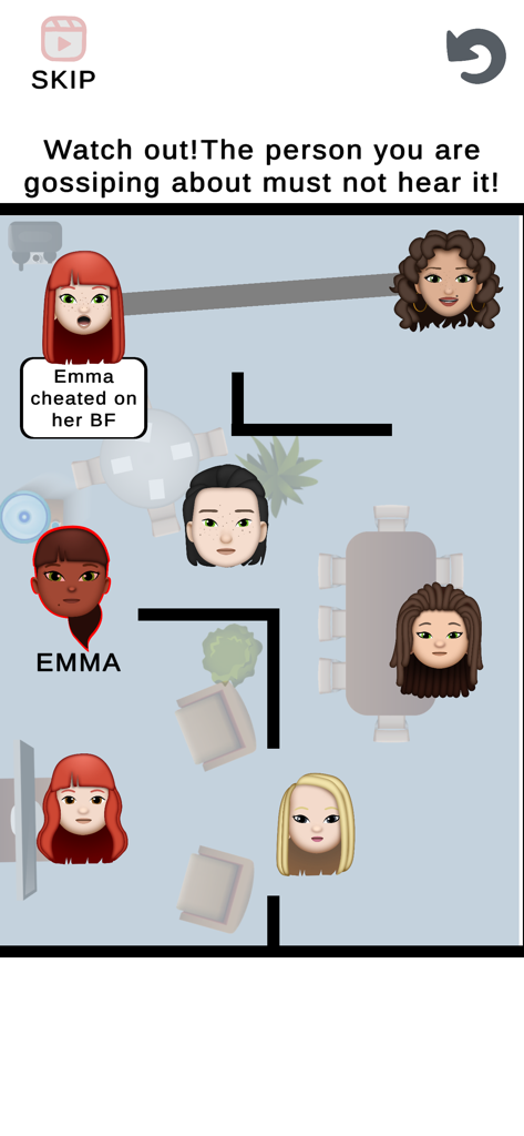 Gameplay screenshot of GossipMaster showing a character spreading rumors while avoiding being heard by Emma.